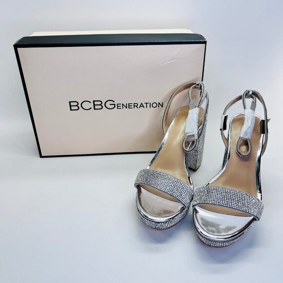 BCBGeneration Pristal Silver Heels Size 6M Rhinestone Block Heel Dress Sandals - Picture 1 of 16